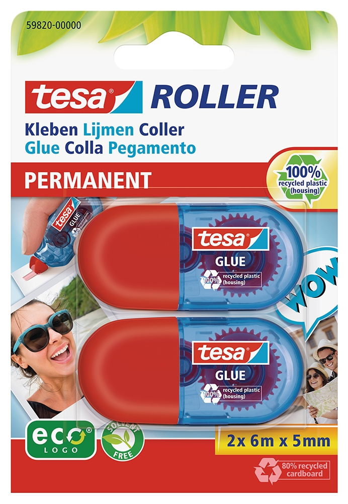 TESA Mini Kleberoller permanent mit Schutzkappe 6 m x 5 mm 2 Stück