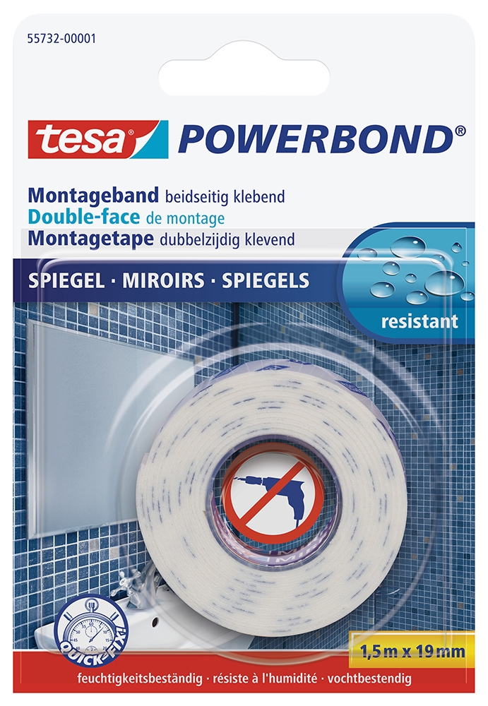 TESA Powerbond Spiegel - doppelseitiges Spiegel-Montageband für Feuchträume, 1.5m x 19mm 