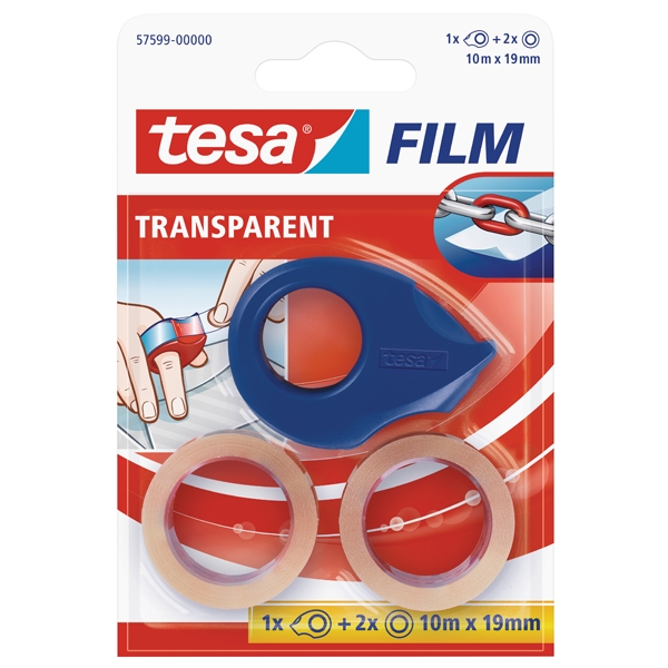 tesa Mini Abroller rot/blau inkl. 2 Rollen Klebefilm transparent, 10m x 19mm 