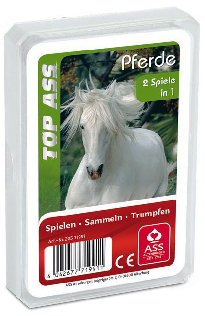 Spielkartenverpackung mit einem weißen Pferd auf der Vorderseite. Aufschrift 'Pferde' und '2 Spiele in 1'.