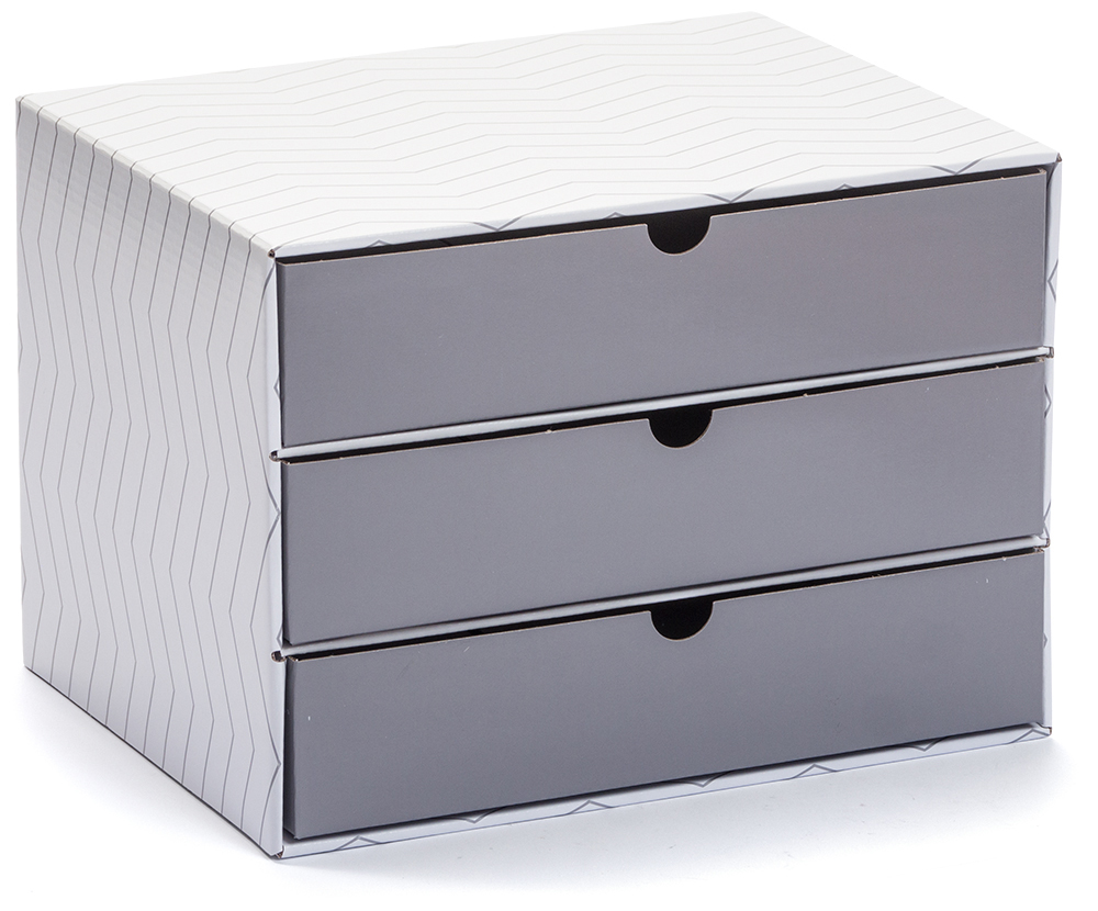 Schubladenbox aus Karton mit 3 Laden grau/weiß