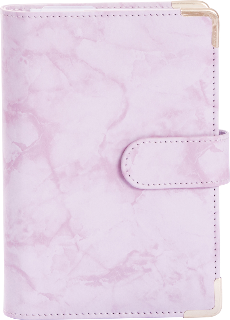 Lila marmoriertes Cover mit einem Verschluss. Es hat eine elegante, glatte Oberfläche.