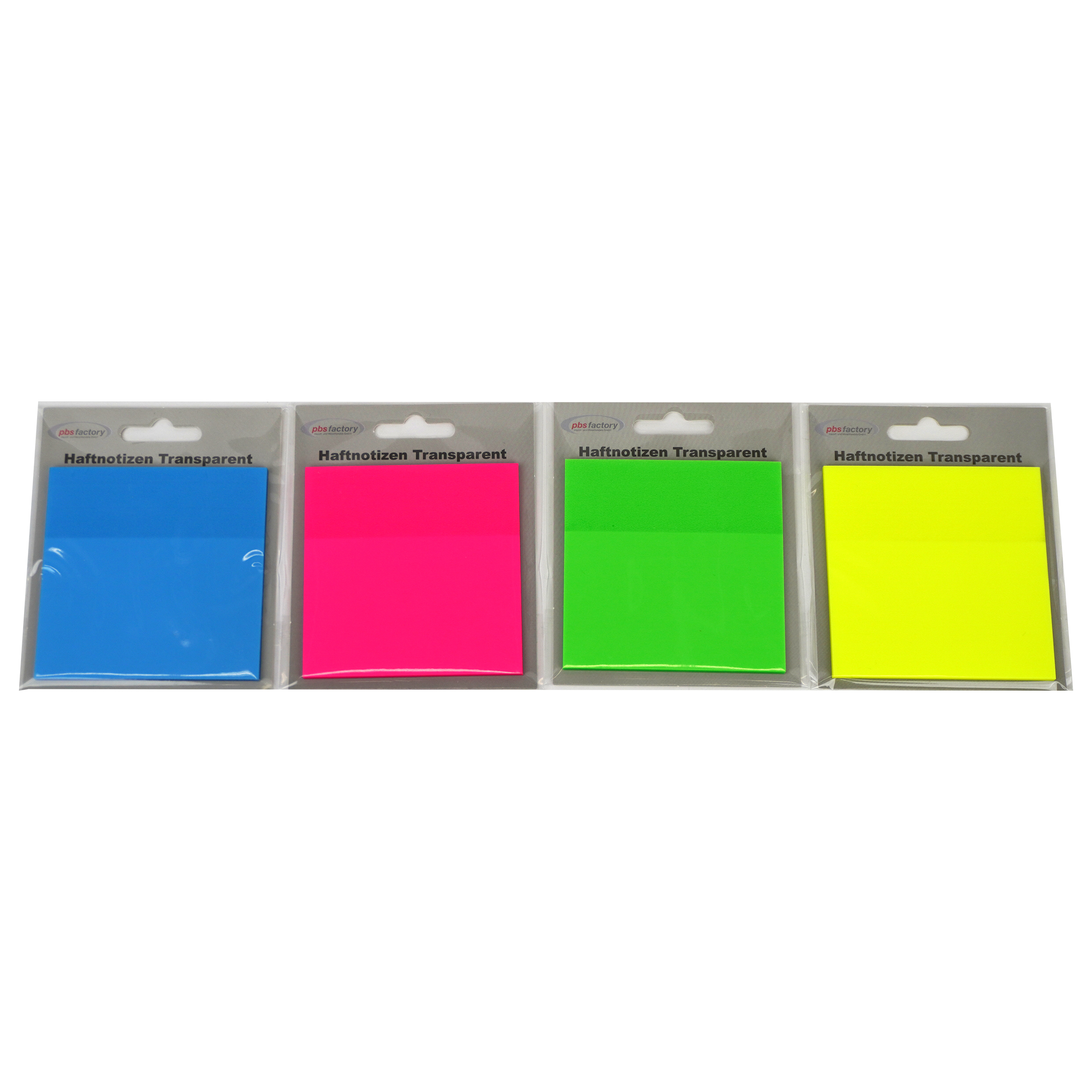 Vier Packungen mit transparenten Haftnotizen. Farben: Blau, Pink, Grün, Gelb. Jede Packung enthält eine gleichfarbige Haftnotiz.