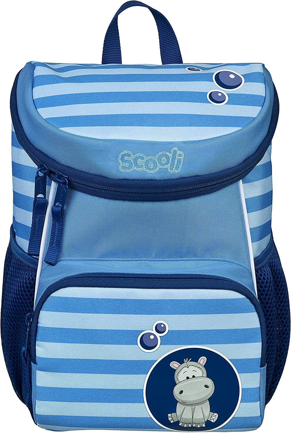 Blauer Rucksack mit Streifenmuster. Auf der Vorderseite ein niedliches Nilpferd-Motiv.