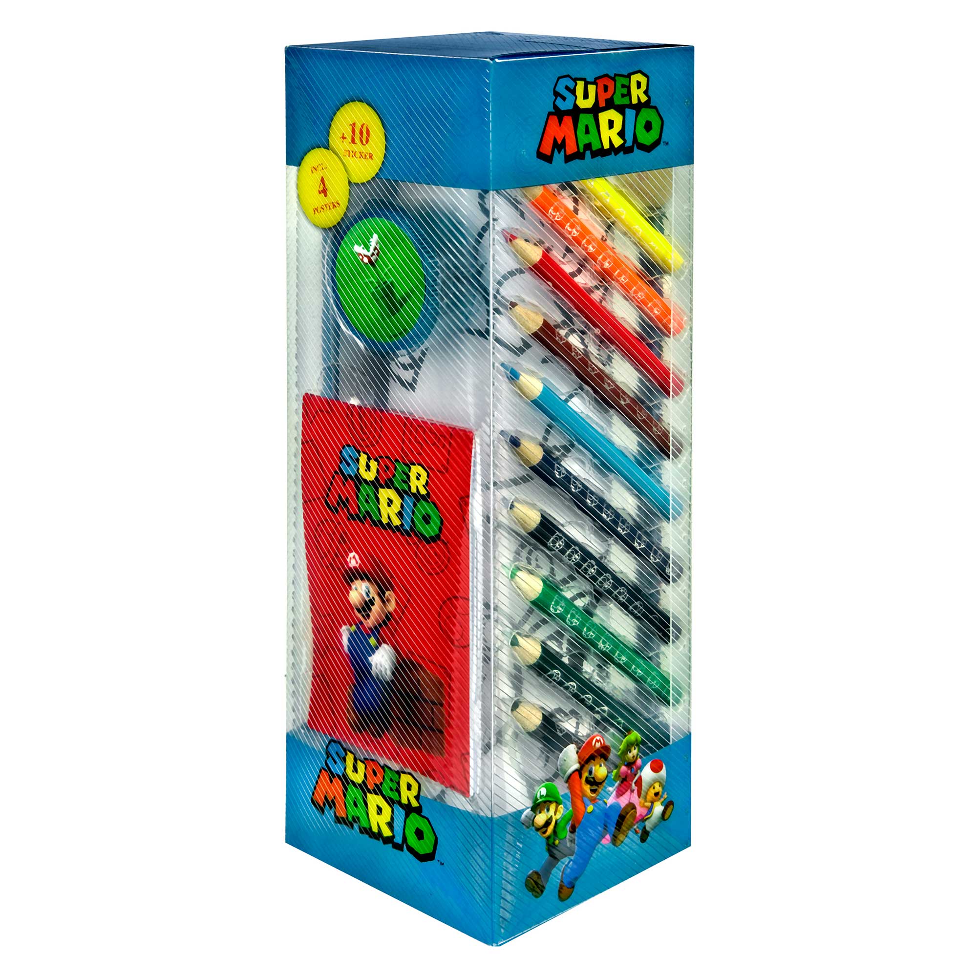 Set mit Buntstiften in verschiedenen Farben. Enthält ein Notizbuch mit Super Mario Motiv.