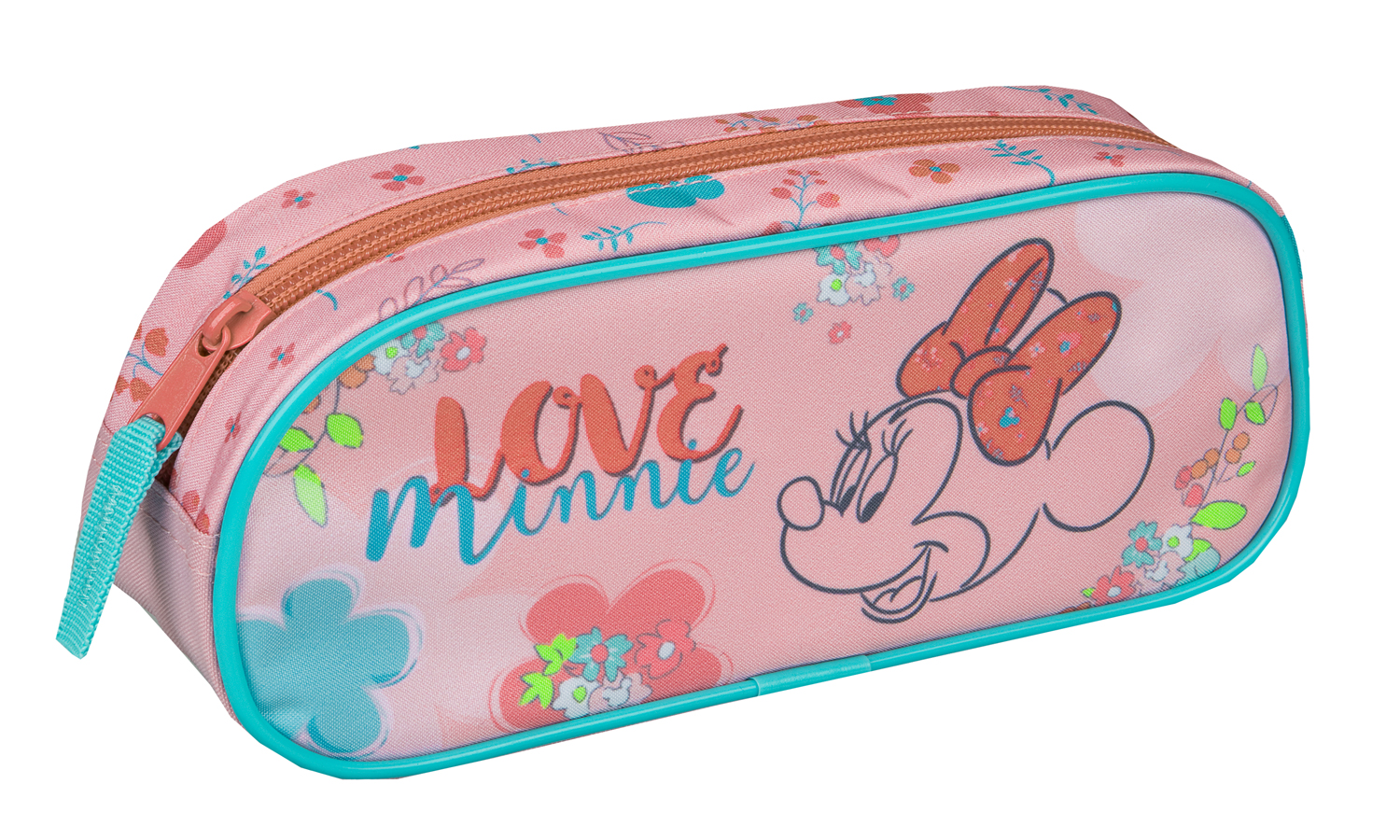 pinkfarbene Federmappe mit Blumenmuster. Abgebildet ist ein Cartoon-Charakter mit einer roten Schleife. Schriftzug 'LOVE MINNIE' in bunten Buchstaben.