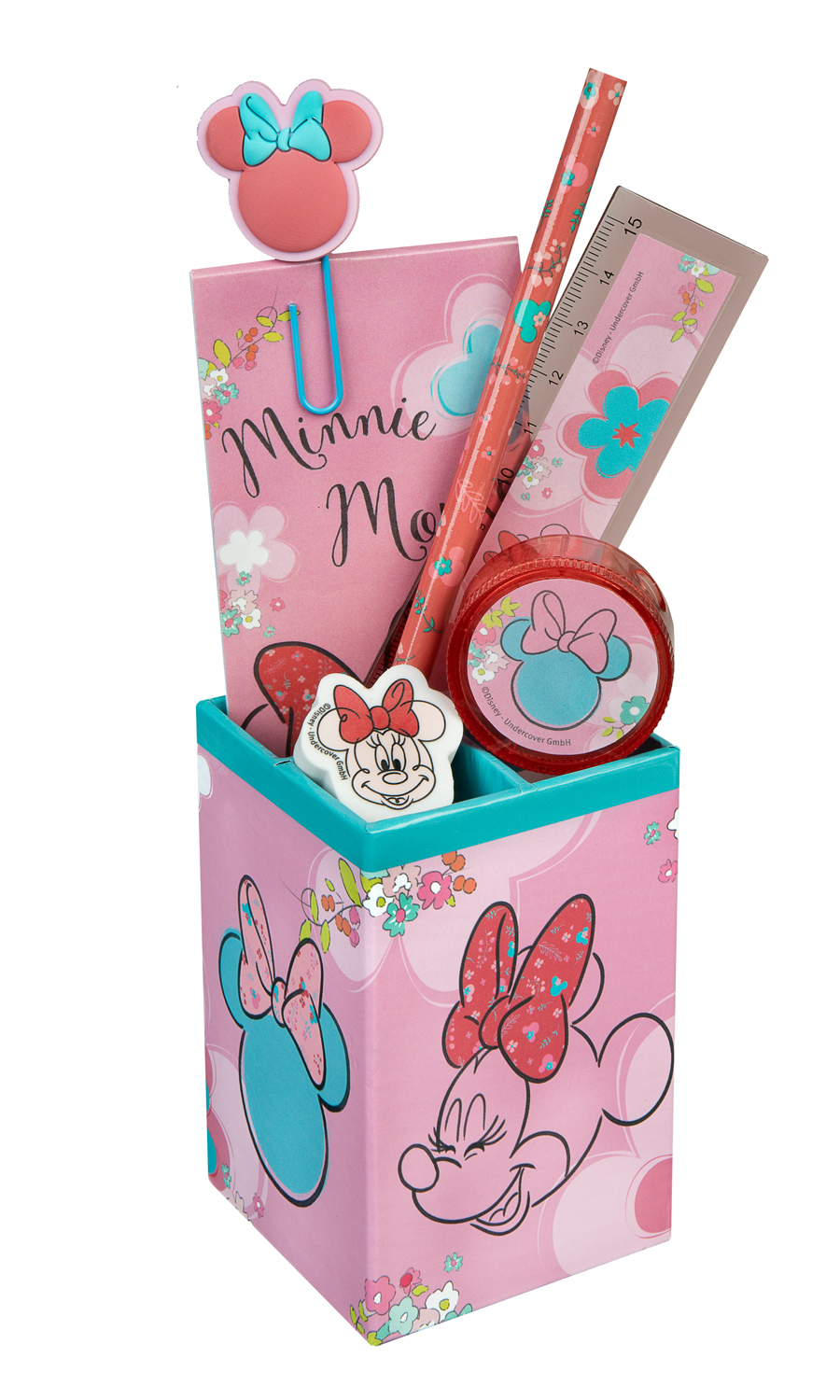 Bürobedarfset mit Minnie Mouse Motiven. Enthält einen Block, Stifte und einen Lineal in pink.