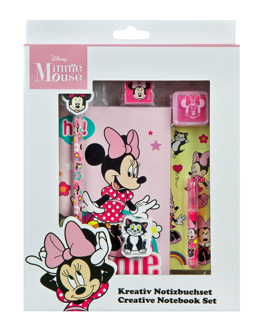 Set mit Notizbuch, Stiften und Radiergummi. Motive von Minnie Mouse und einem Kätzchen.