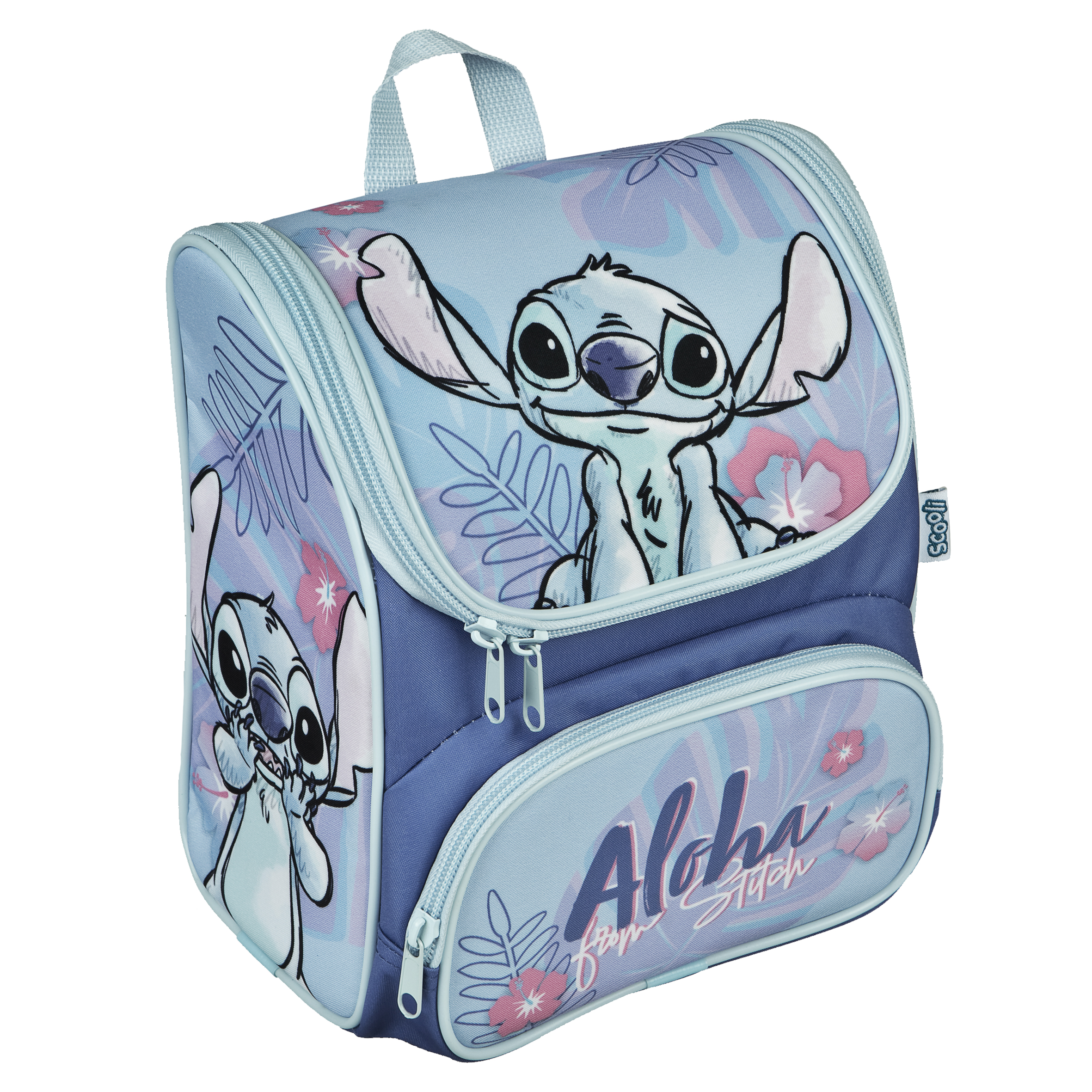 Rucksack in hellblau mit bunten Pflanzenmotiven. Abgebildet ist ein Charakter mit großen Ohren und Augen. Zwei Fächer mit Reißverschluss.