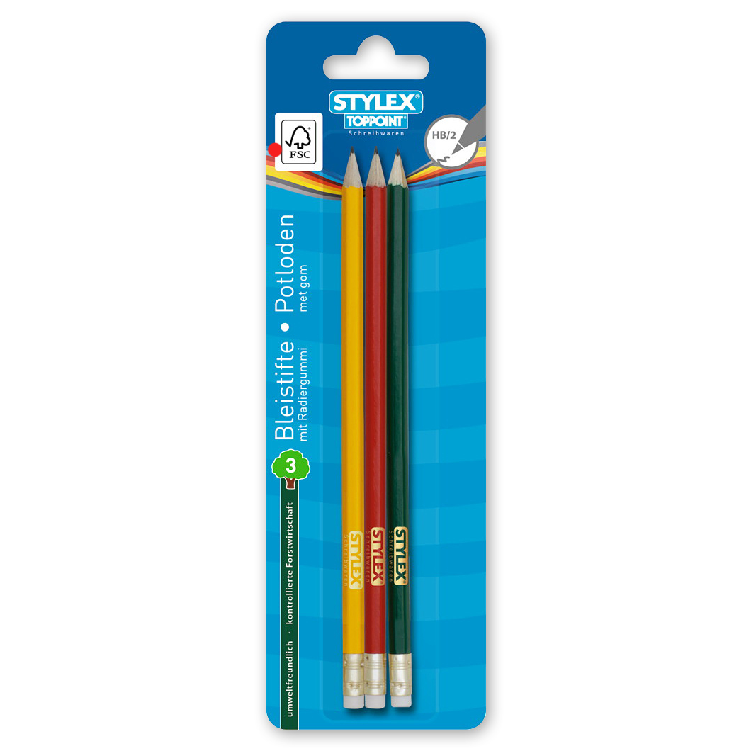 STYLEX Bleistift mit Radiergummi 3 Stück mehrere Farben