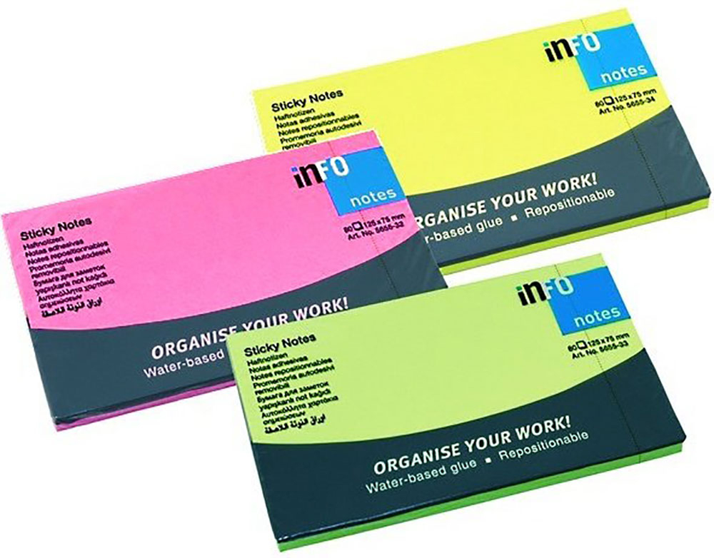 Drei Packungen mit bunten Haftnotizen in Pink, Gelb und Grün. Jede Packung hat eine Aufschrift zur Organisation von Arbeiten.