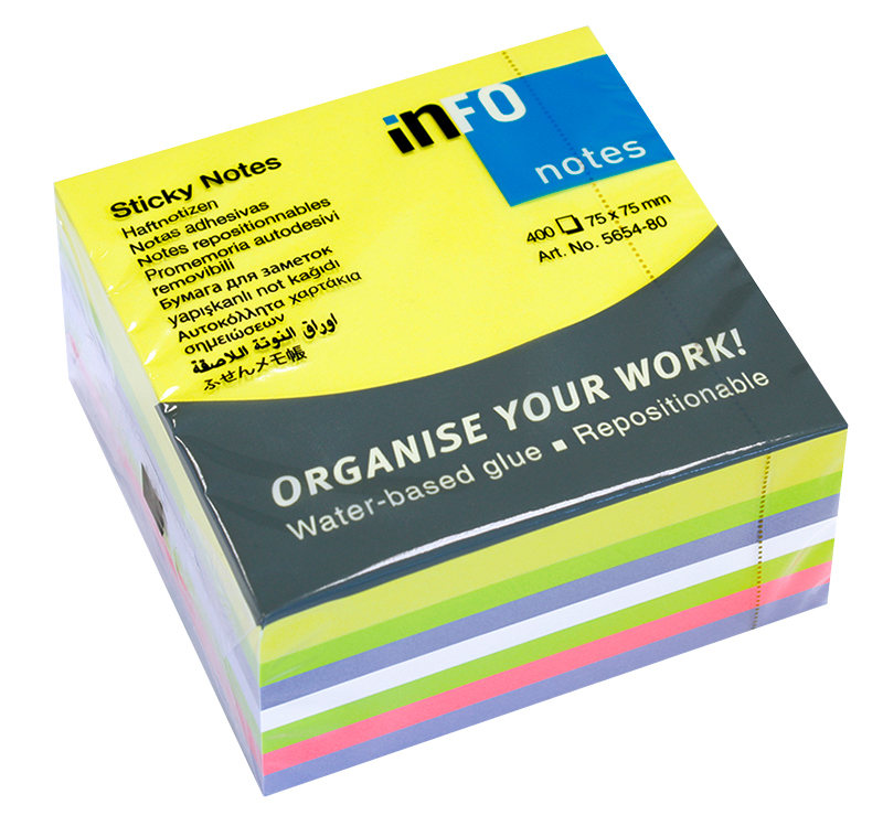 Packung mit bunten Haftnotizen in verschiedenen Farben. Größe 75x75 mm, wasserbasierter Kleber.