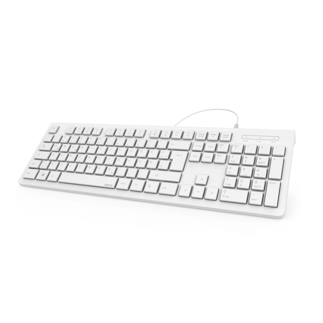 Weißes Tastatur-Design mit flachen Tasten. Kabelgebunden, schlicht und modern.
