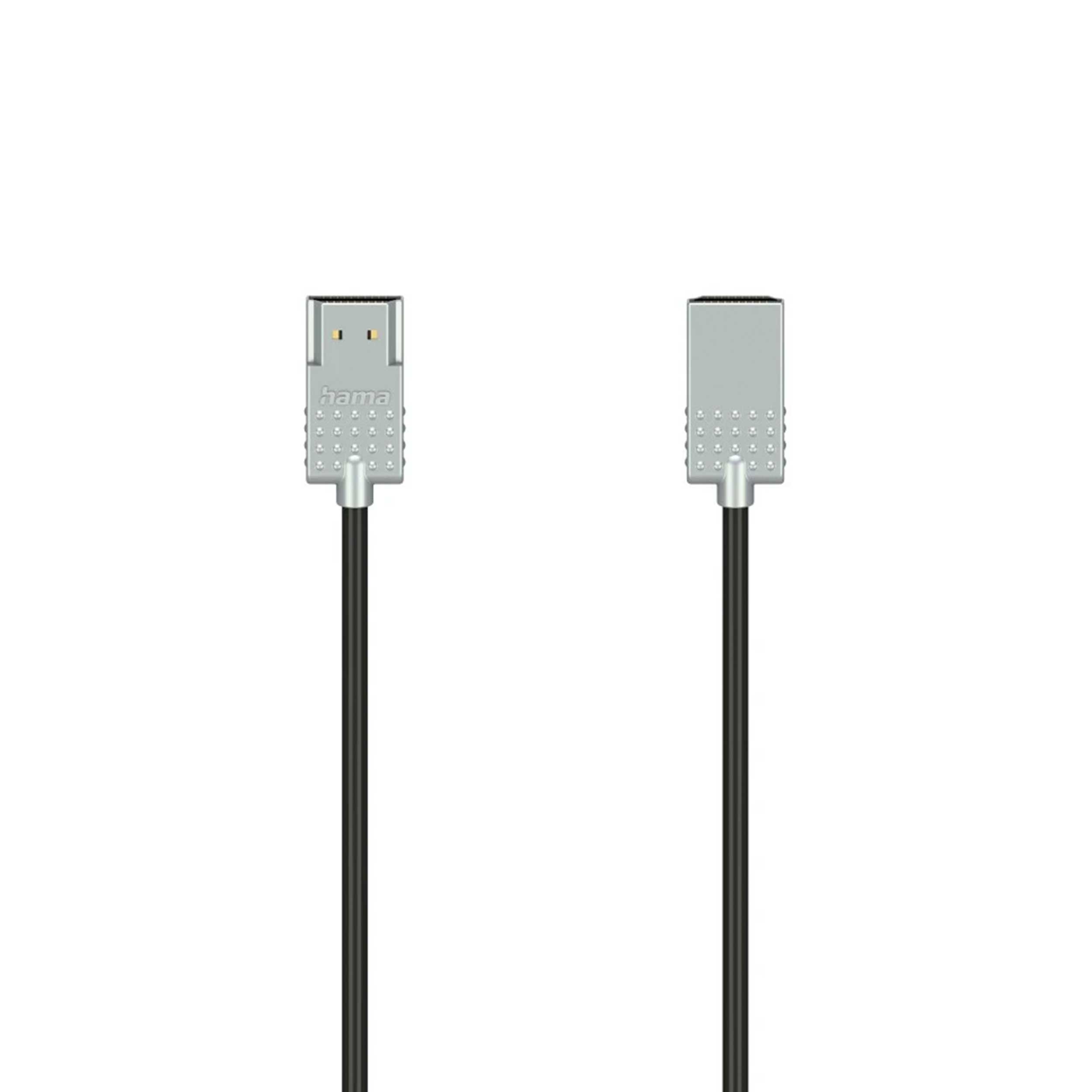 USB-Kabel mit zwei Anschlüssen. Ein Ende hat einen USB-A Stecker, das andere einen USB-B Stecker. Kabel ist schwarz.