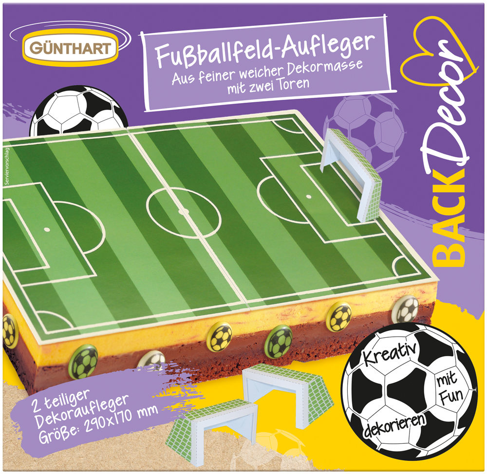 Dekorationsaufleger in Form eines Fußballfeldes. Enthält zwei Tore und ist für Kuchen gedacht.