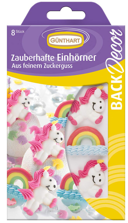 Verpackung mit Zuckerfiguren in Form von Einhörnern und Regenbögen. Acht Stück enthalten.