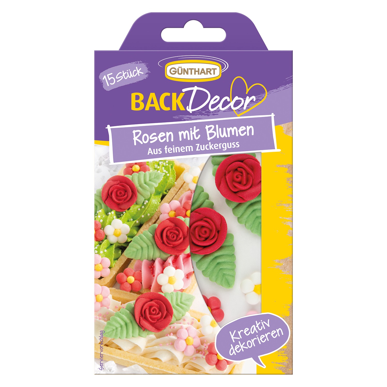 Verpackung mit Zuckerdekorationen in Form von roten Rosen und grünen Blättern. Enthält 15 Stück für kreative Tortendekoration.