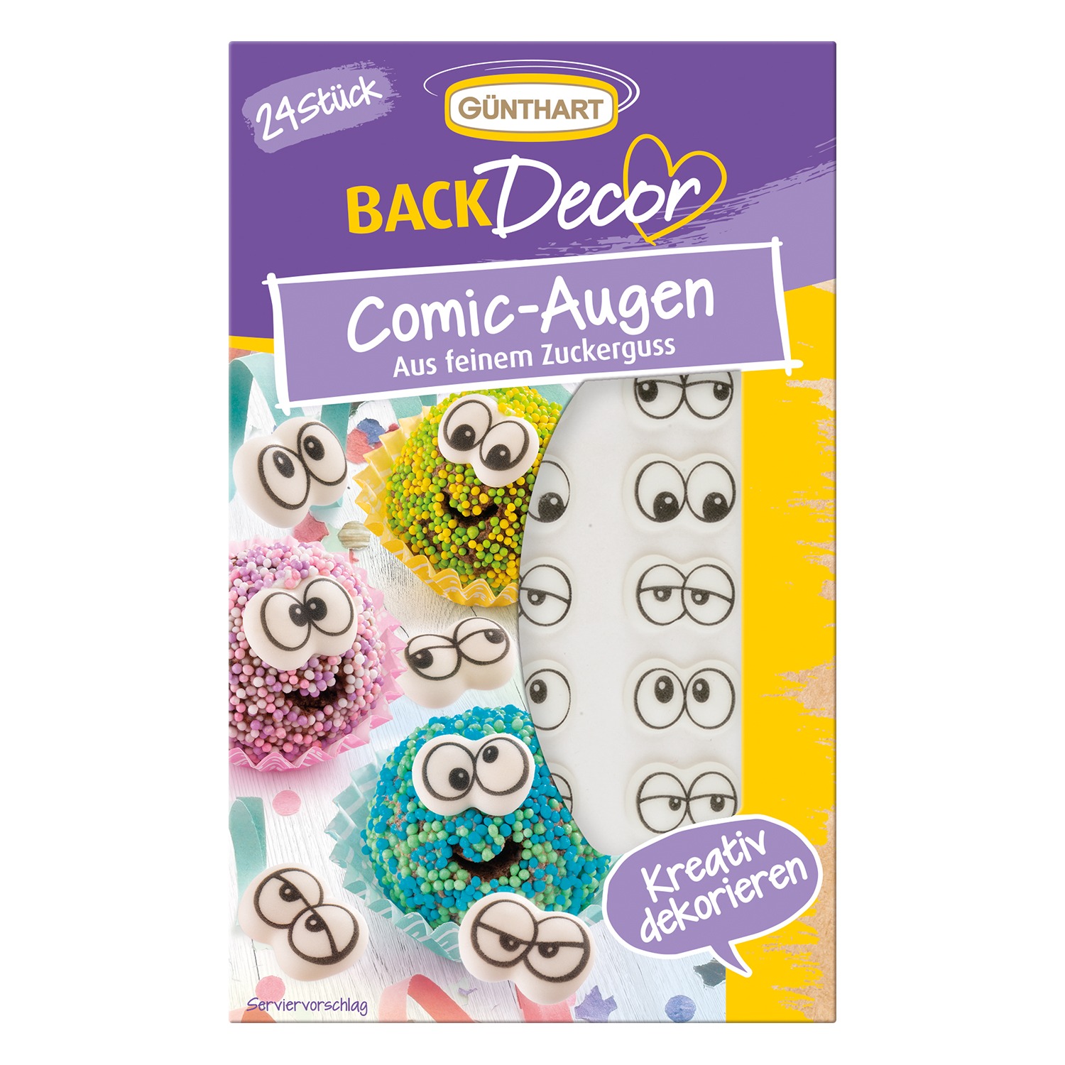 Verpackung mit 24 Comic-Augen aus Zuckerguss. Bunte Muffins mit Augen. Kreative Dekoration.