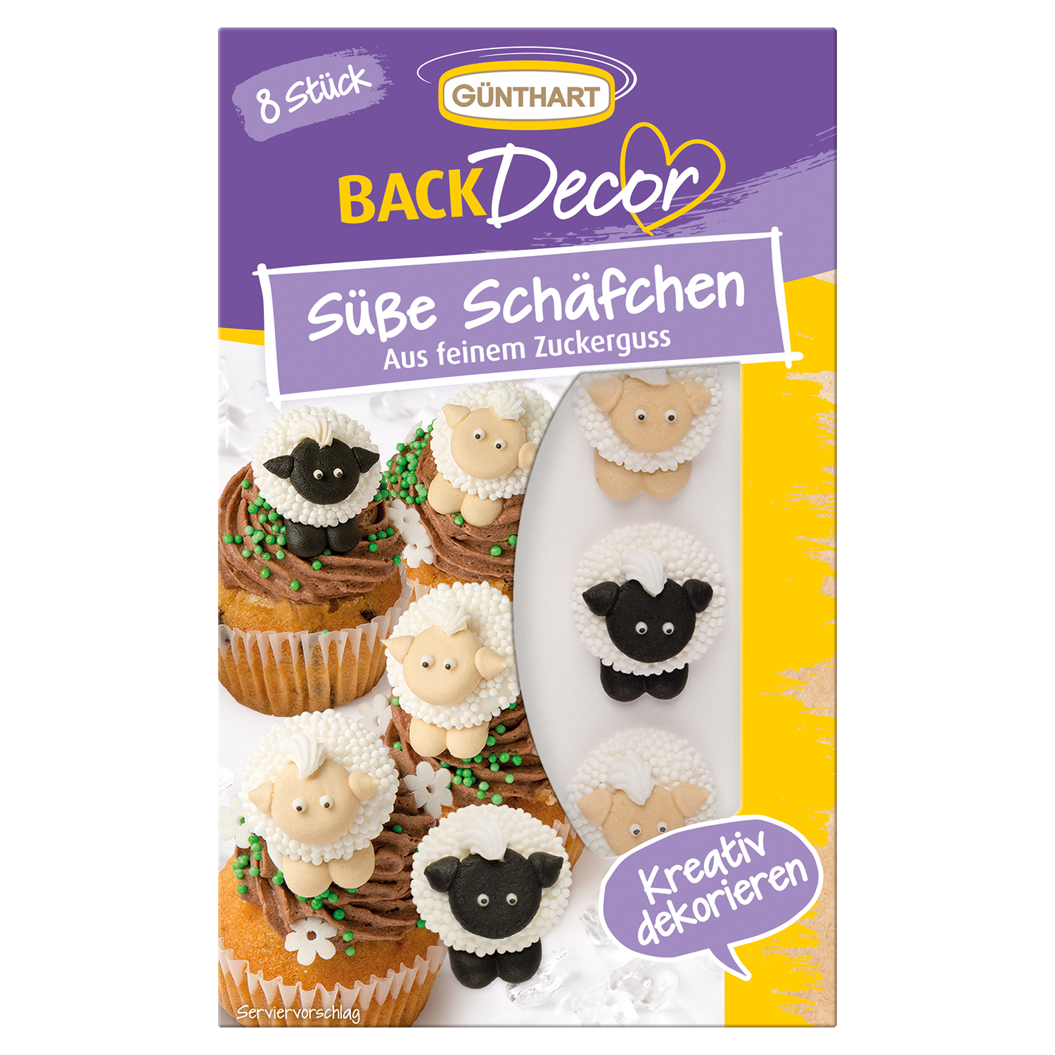 Verpackung mit 8 süßen Schaf-Dekorationen aus Zucker. Die Schafe sind in verschiedenen Farben auf Cupcakes abgebildet.