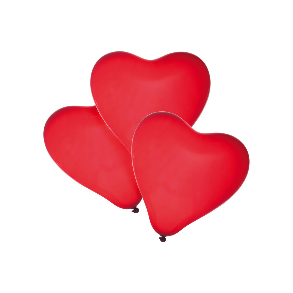 Drei rote Herzluftballons. Sie sind glänzend und haben eine typische Herzform.