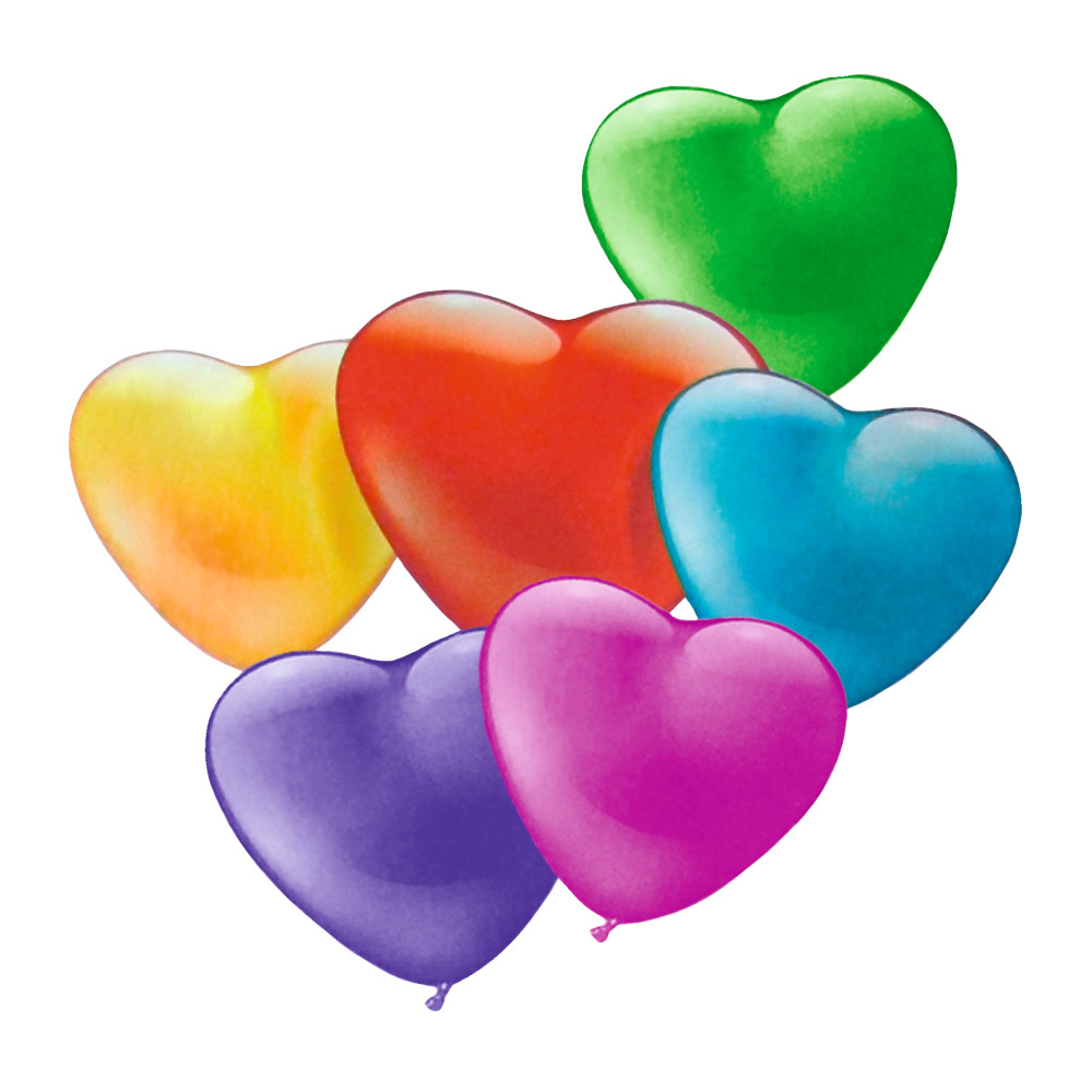 Bunte Herzluftballons in verschiedenen Farben. Sie sind glänzend und haben eine herzförmige Form.