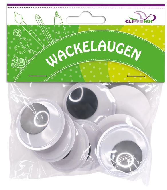 Verpackung mit Wackelaugen in verschiedenen Größen. Die Augen haben einen weißen Rand und einen schwarzen Punkt in der Mitte.