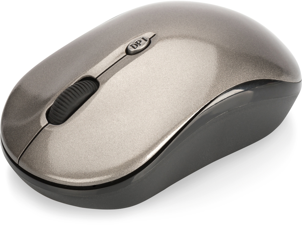 Drahtlose Computermaus in metallic-grau. Ergonomische Form mit Scrollrad und DPI-Taste.