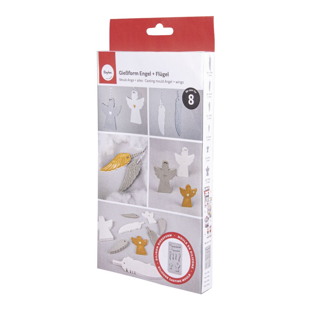 Silicon-Gießform für Engel und Flügel. Enthält verschiedene Formen. Verpackung zeigt Beispiele der gegossenen Figuren. Farben: Weiß, Gold, Silber.