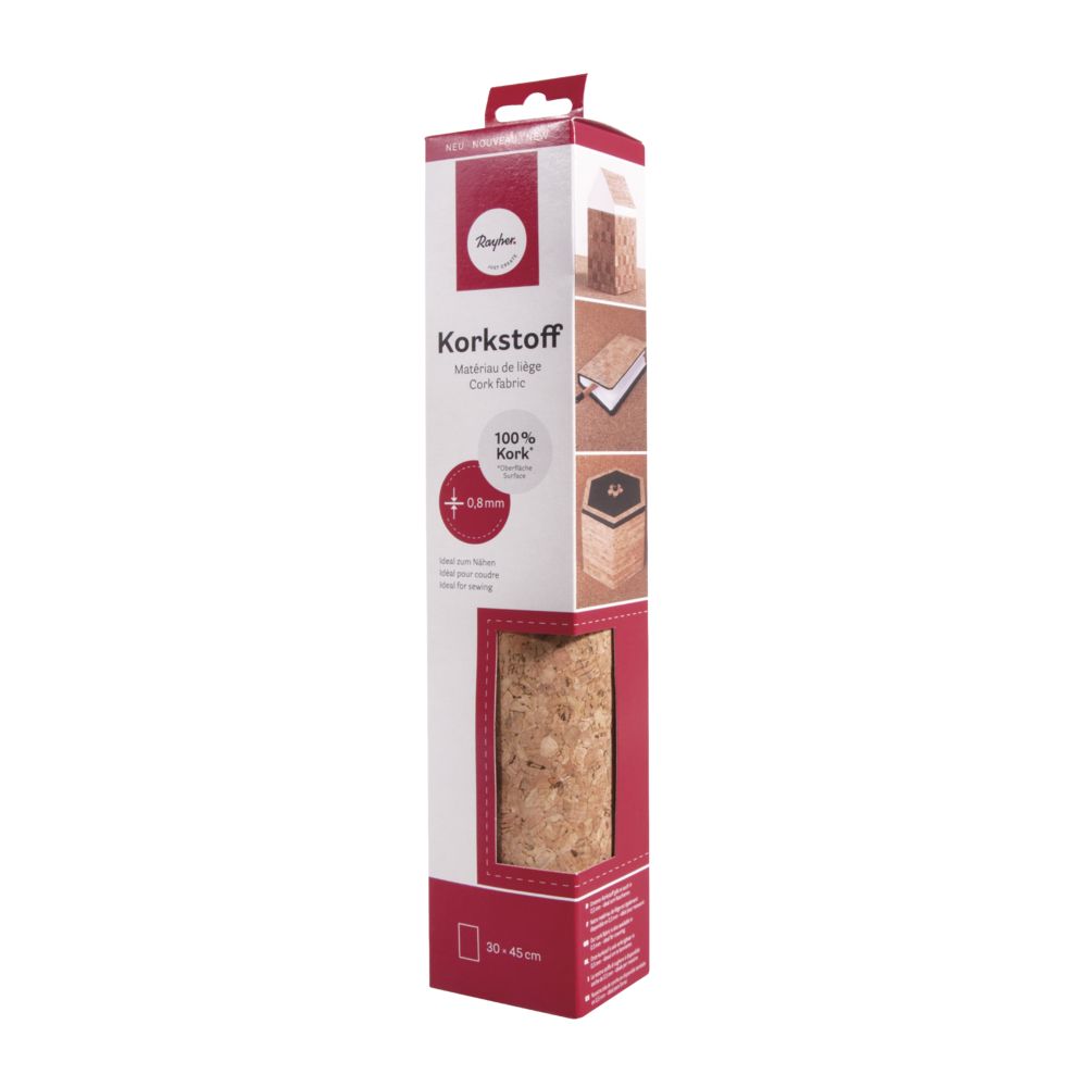 Verpackung mit Korkstoff. Material ist 100 Prozent Kork, 0,8 mm dick.