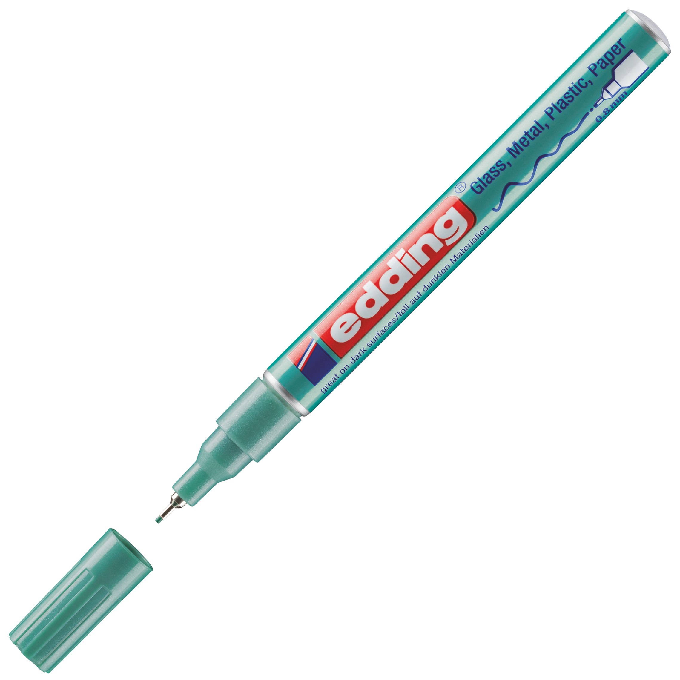 grüner Edding Marker mit feiner Spitze. Geeignet für verschiedene Oberflächen wie Glas und Plastik.
