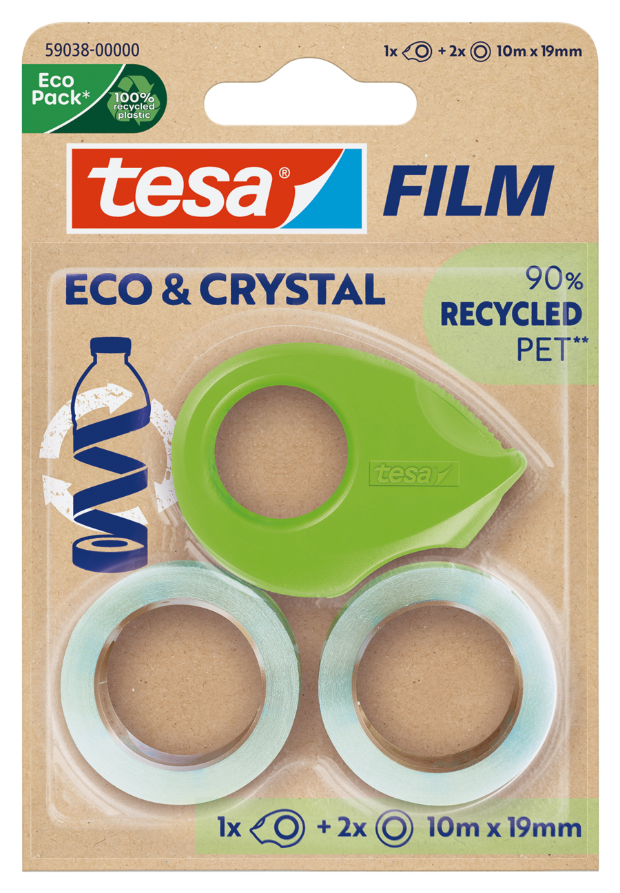 TESA Eco & Crystal Abroller inkl. 2 Rollen Klebeband 10 m x 19 mm