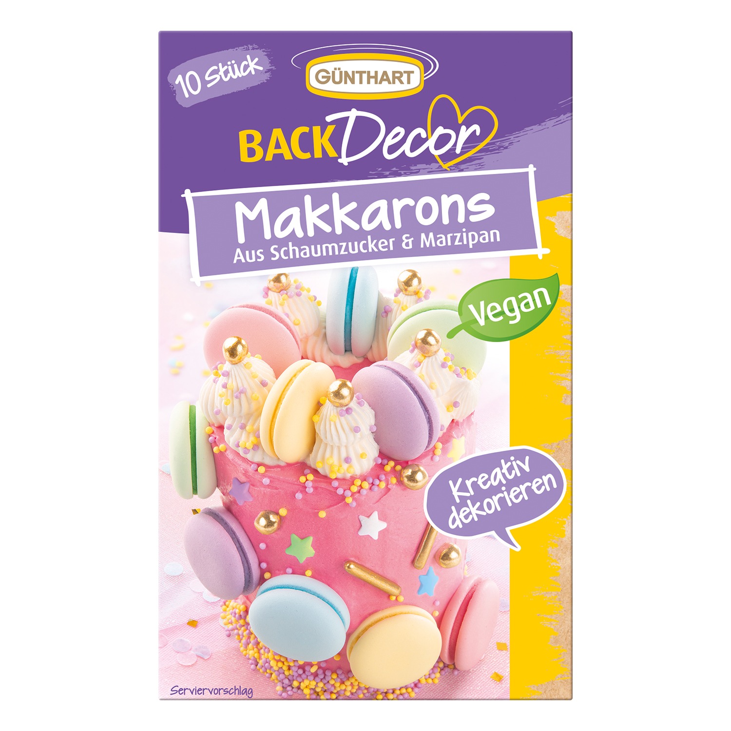 Verpackung für Makkarons. Bunte, vegane Süßigkeiten aus Schaumzucker und Marzipan. Dekoriert mit kleinen Toppings. Verpackung zeigt eine kreative Tortengestaltung.