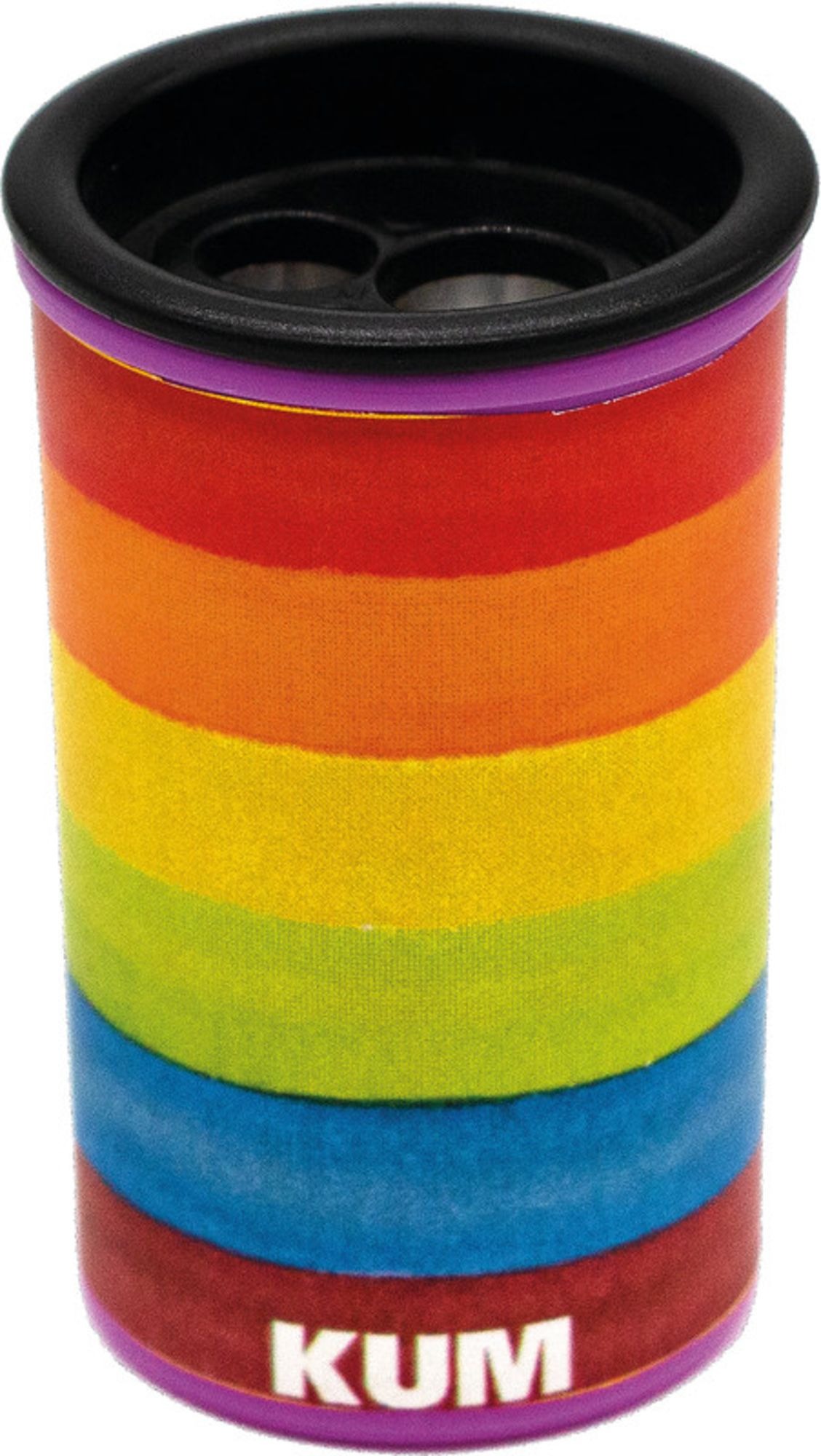 Bleistiftanspitzer mit buntem Regenbogenmuster. Der obere Rand ist schwarz und hat zwei Öffnungen.