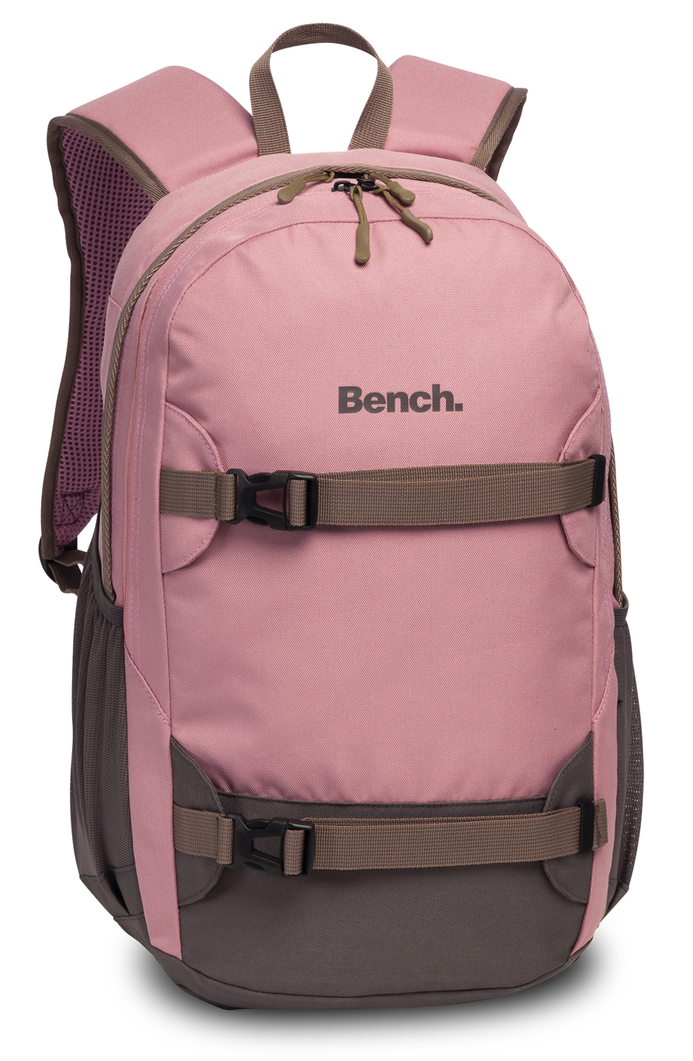 Rosa Rucksack mit grauen Akzenten. Logo von Bench auf der Vorderseite.
