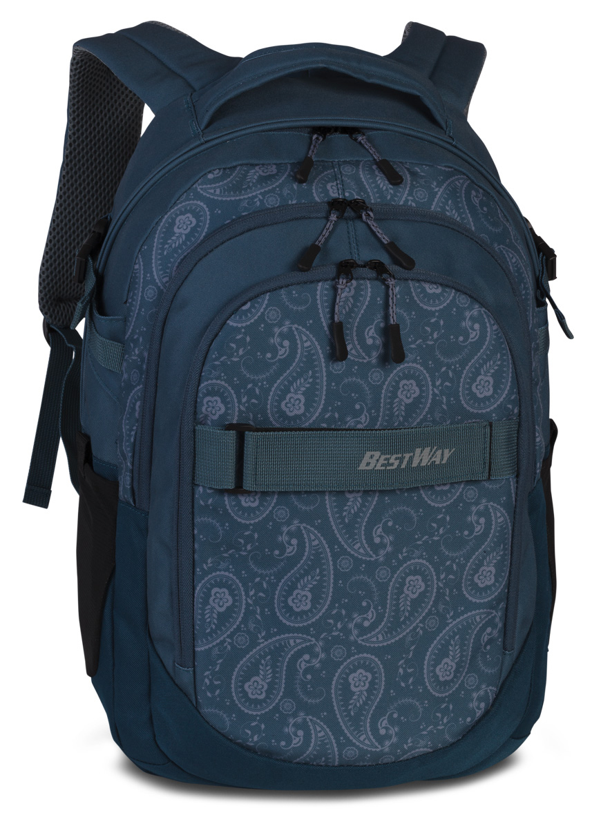 Dunkelblauer Rucksack mit Paisleymuster. Mehrere Fächer und gepolsterte Träger.