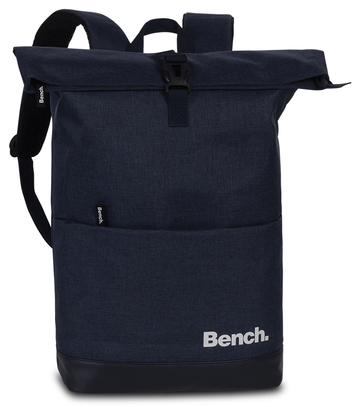 Dunkelblauer Rucksack mit Rolltop-Verschluss. Logo 'Bench.' in weiß. Gepolsterte Schulterriemen.