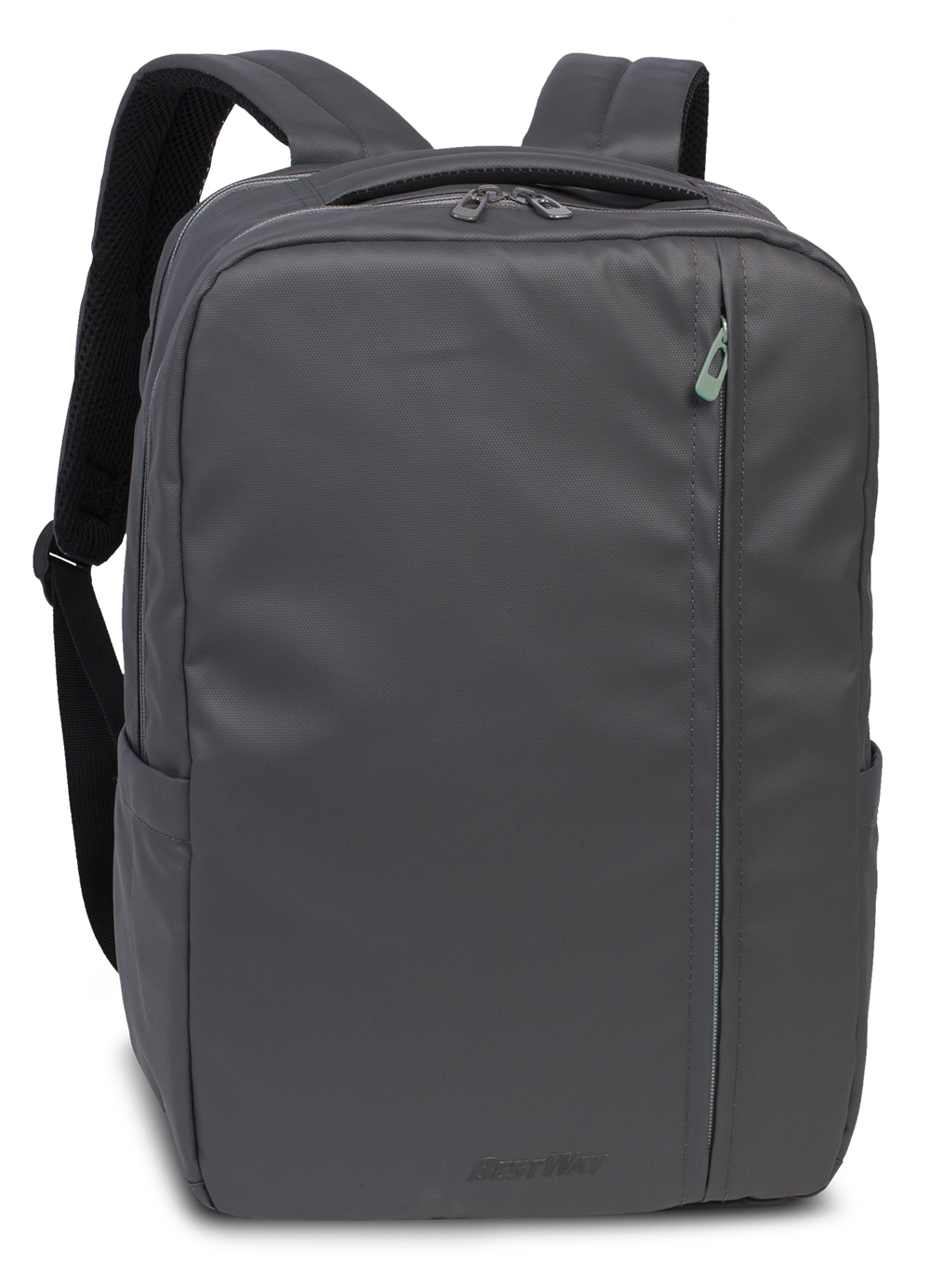 Grauer Rucksack mit zwei Schulterriemen. Er hat eine glatte Oberfläche und einen Reißverschluss.