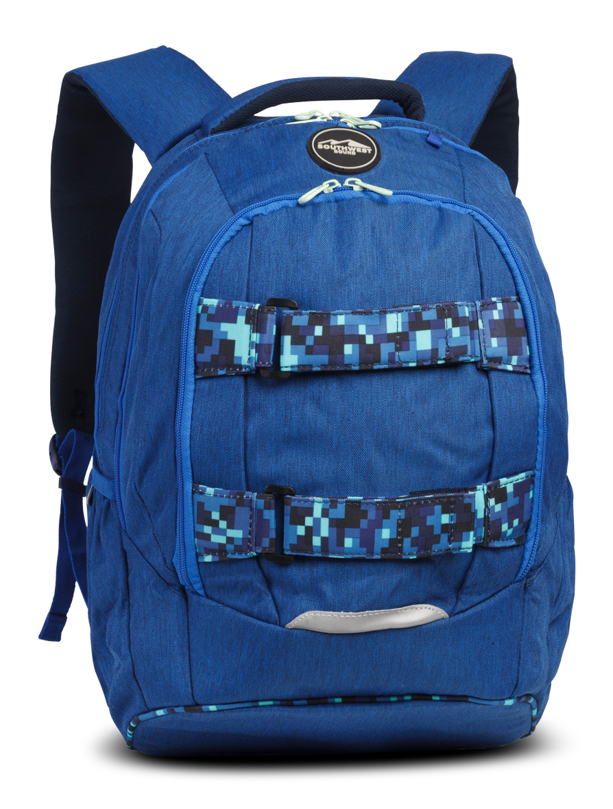 Blauer Rucksack mit zwei vorderen Gurten. Der Stoff hat eine strukturierte Oberfläche.
