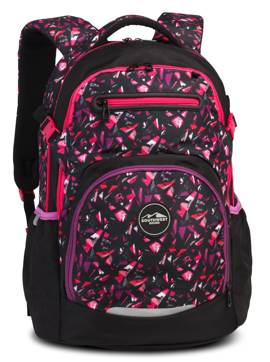 Schwarzer Rucksack mit buntem geometrischen Muster in Pink und Lila. Mehrere Fächer und gepolsterte Träger.