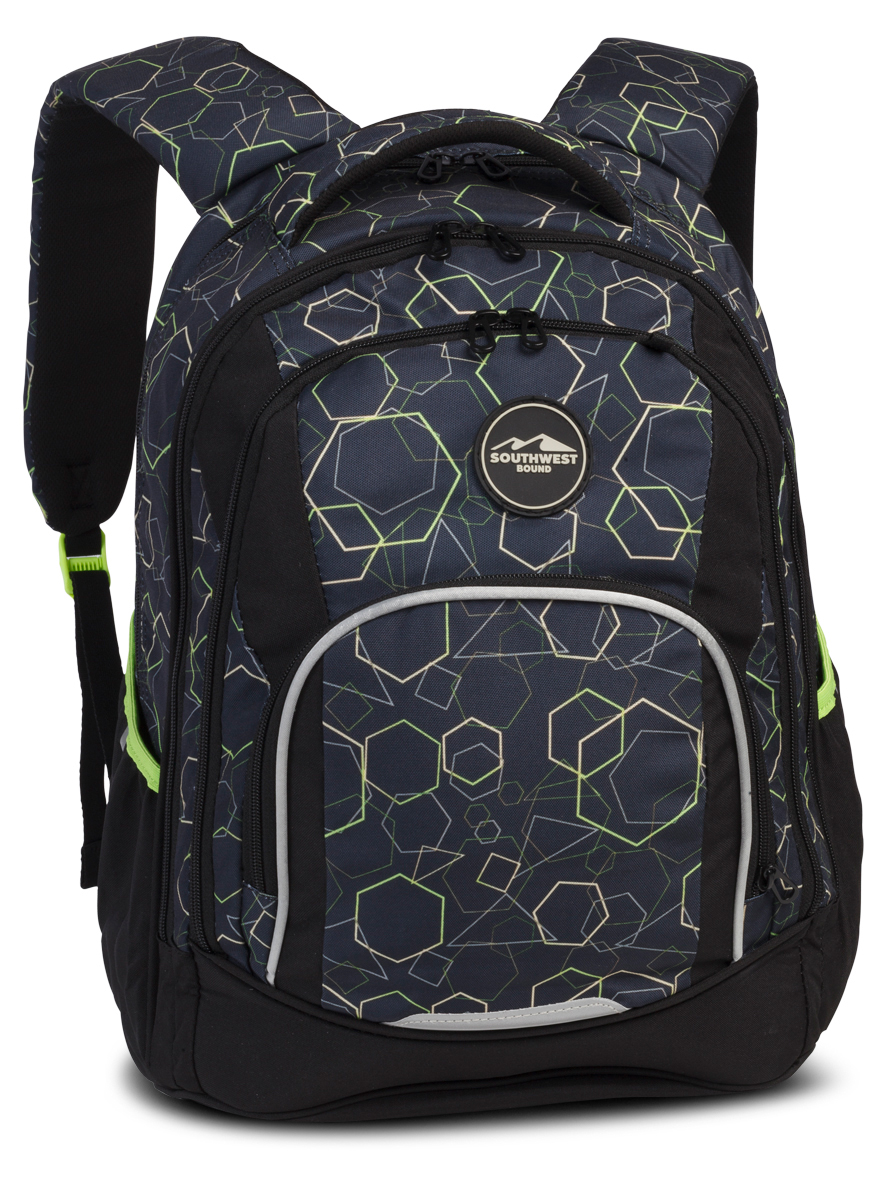 Schwarzer Rucksack mit geometrischem Muster in Blau und Grün. Mehrere Fächer und gepolsterte Träger.