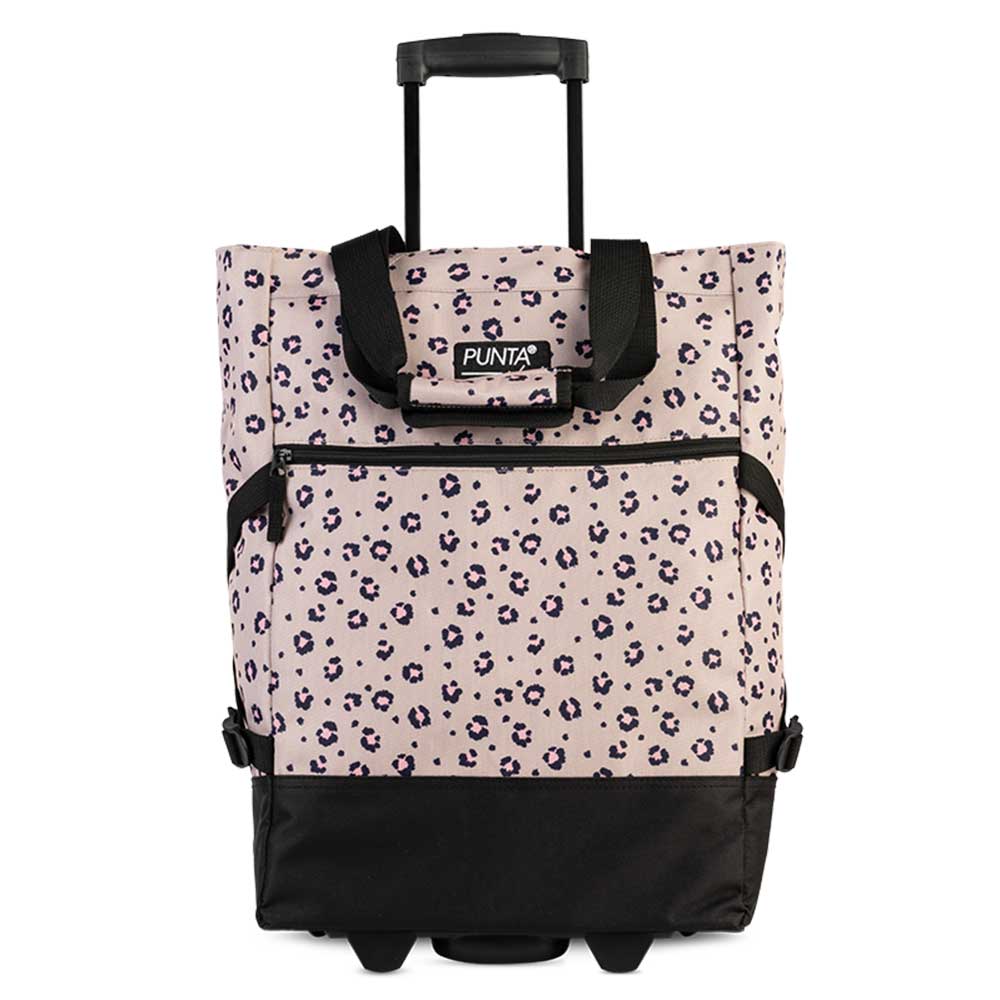 Trolley-Tasche mit Leopardenmuster in Rosa und Schwarz. Mit ausziehbarem Griff und zwei Tragegriffen.