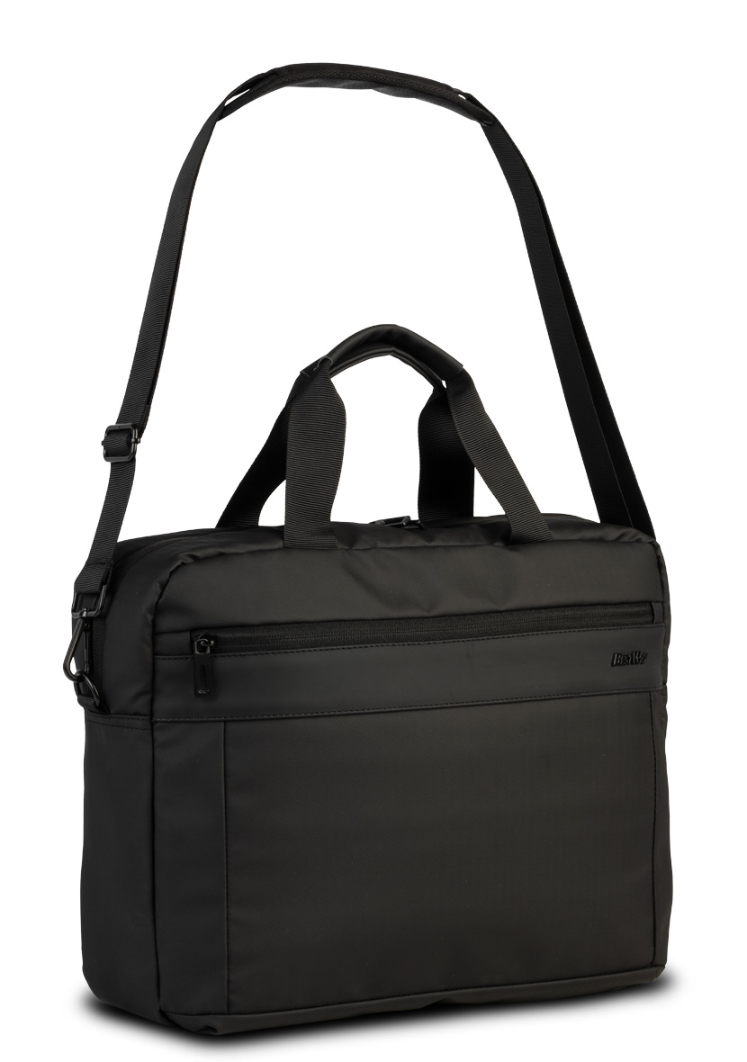 Schwarze Laptoptasche mit zwei Tragegriffen und einem abnehmbaren Schultergurt. Eine vordere Reißverschlusstasche ist sichtbar.