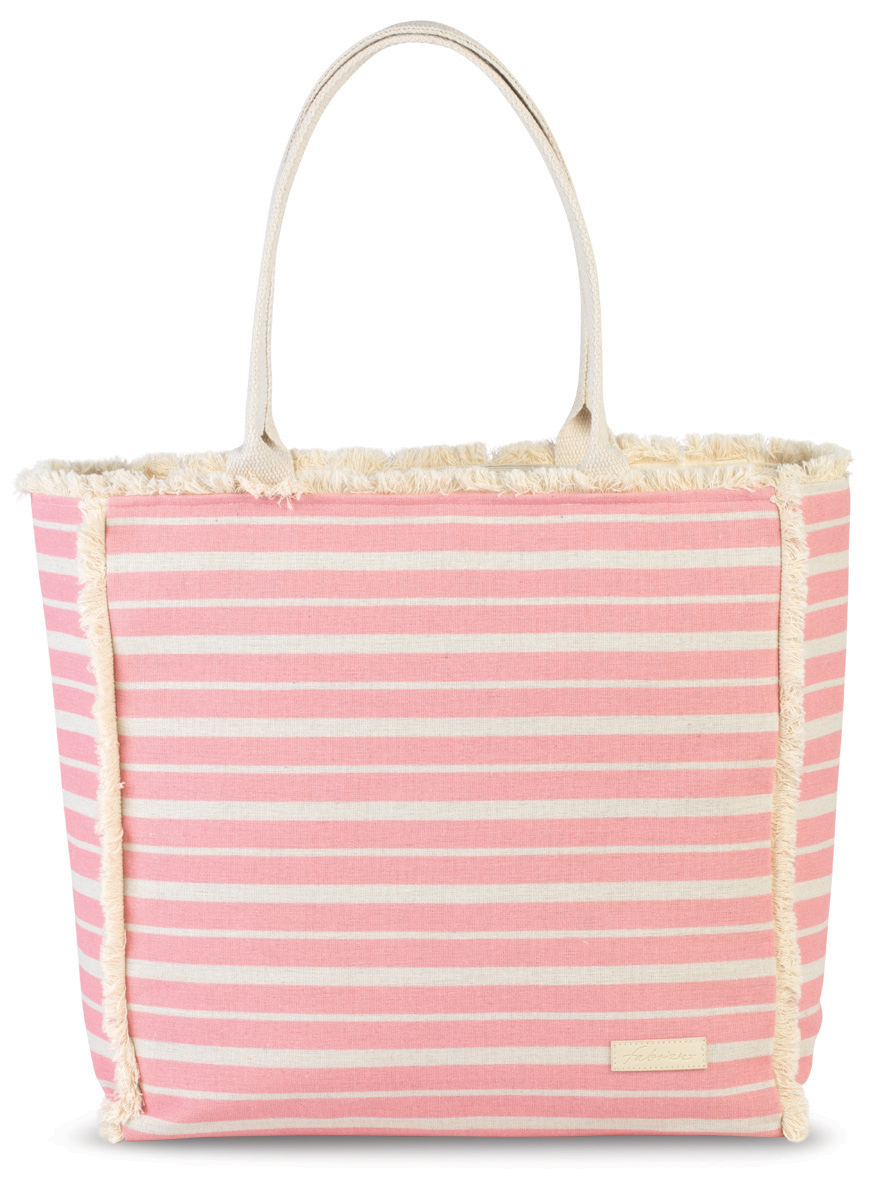 Große Tasche mit rosa und weißen Streifen. Fransenrand und zwei Tragehenkel.