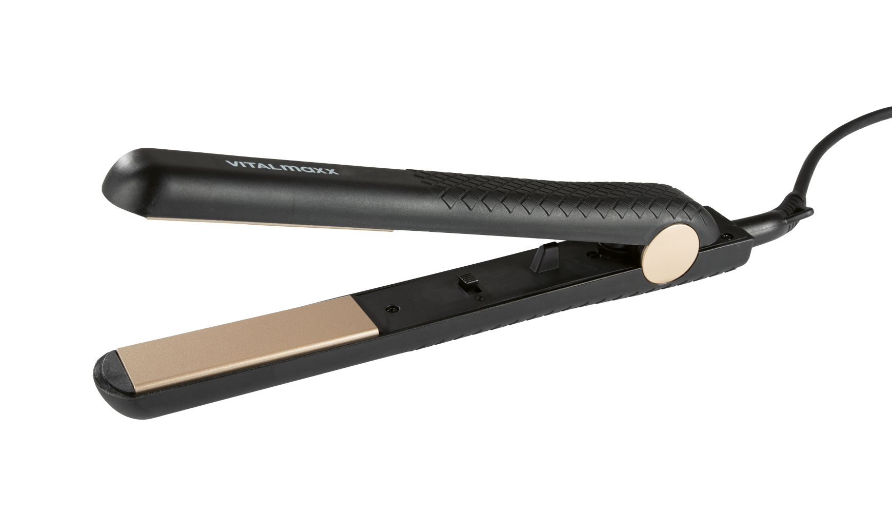Haarglätter in Schwarz mit goldenen Platten. Ergonomischer Griff und Kabelanschluss.