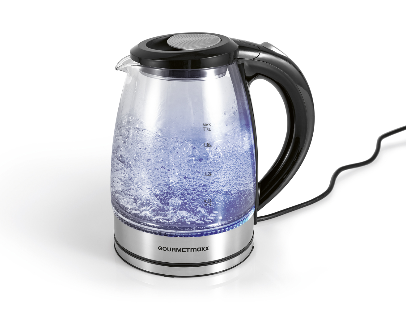 GOURMETMAXX Glas-Wasserkocher 1,8 Liter silber/schwarz