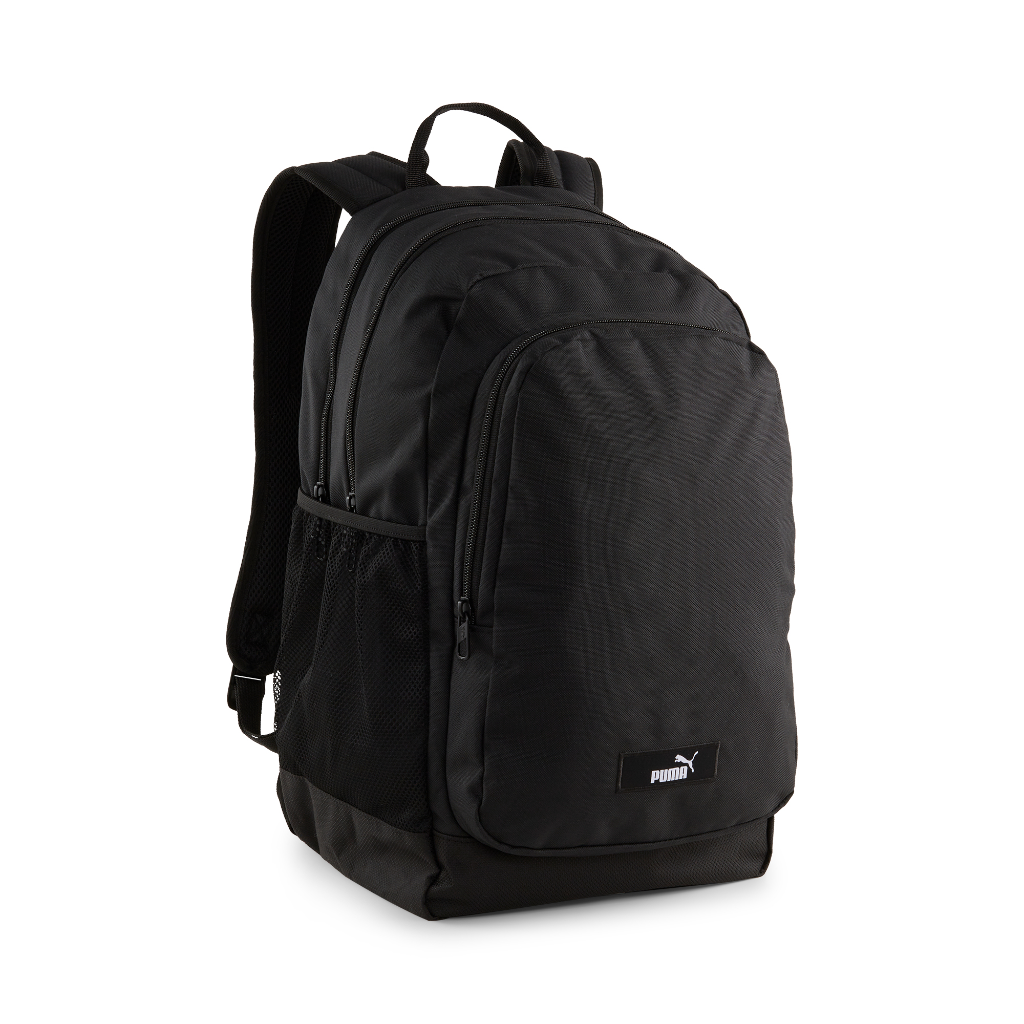 schwarzer Rucksack mit zwei Reissverschlusstaschen. Seitentasche aus Netzmaterial.