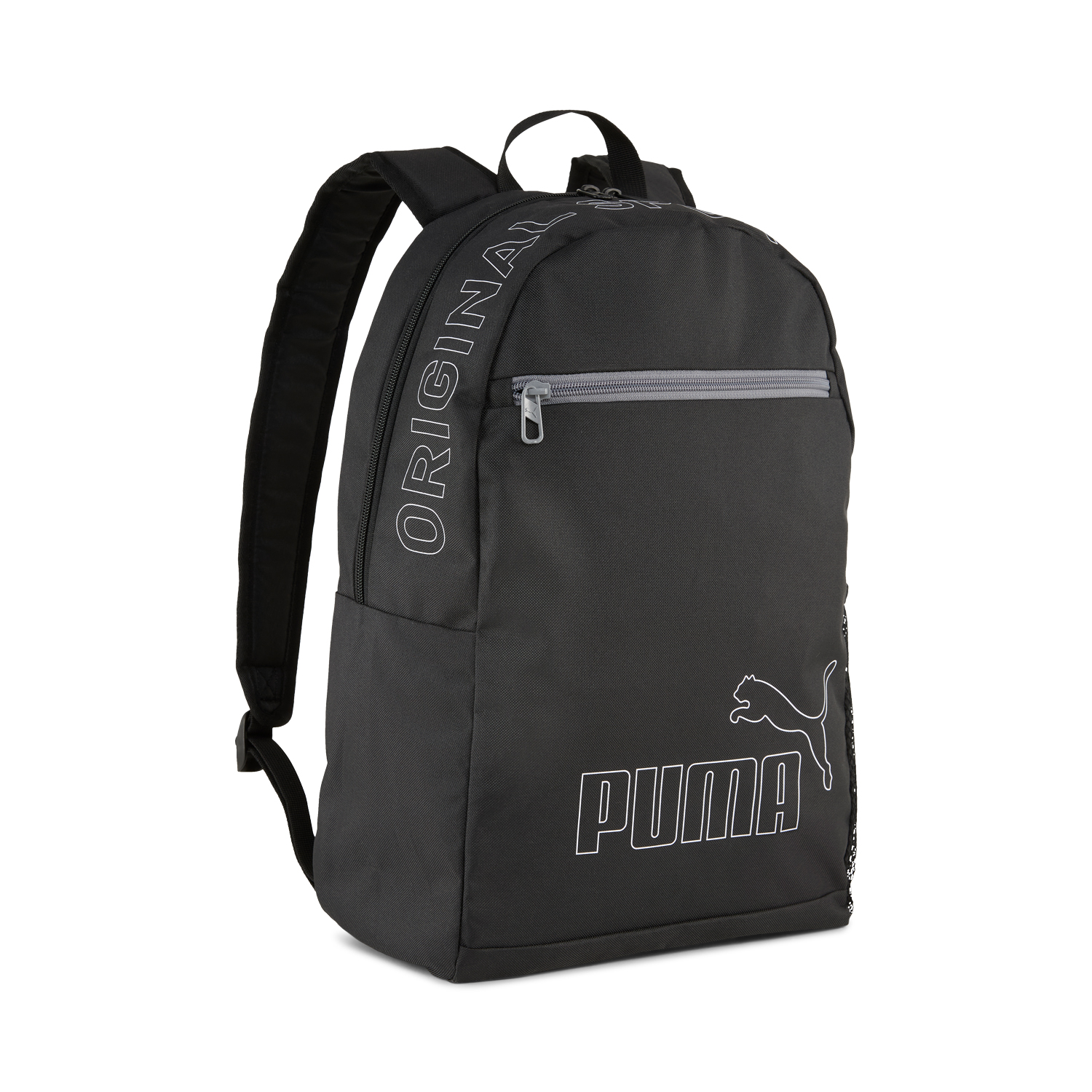 schwarzer Rucksack mit grauen Details. Logo von Puma auf der Vorderseite.