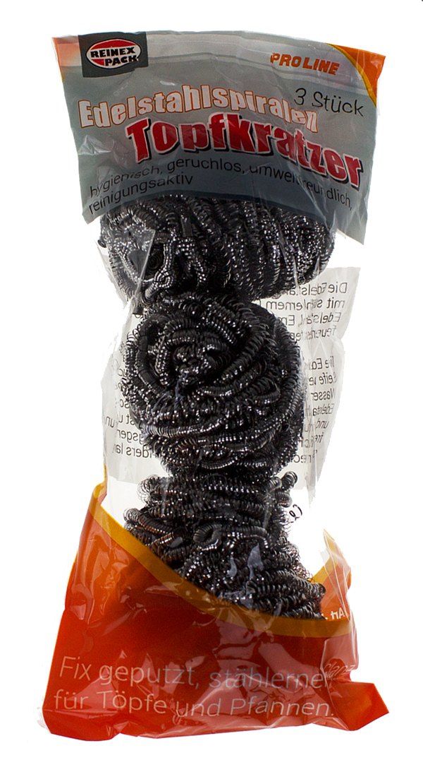 Drei Edelstahlschwämme in einer durchsichtigen Verpackung. Sie sind spiralförmig und für die Reinigung von Töpfen geeignet.