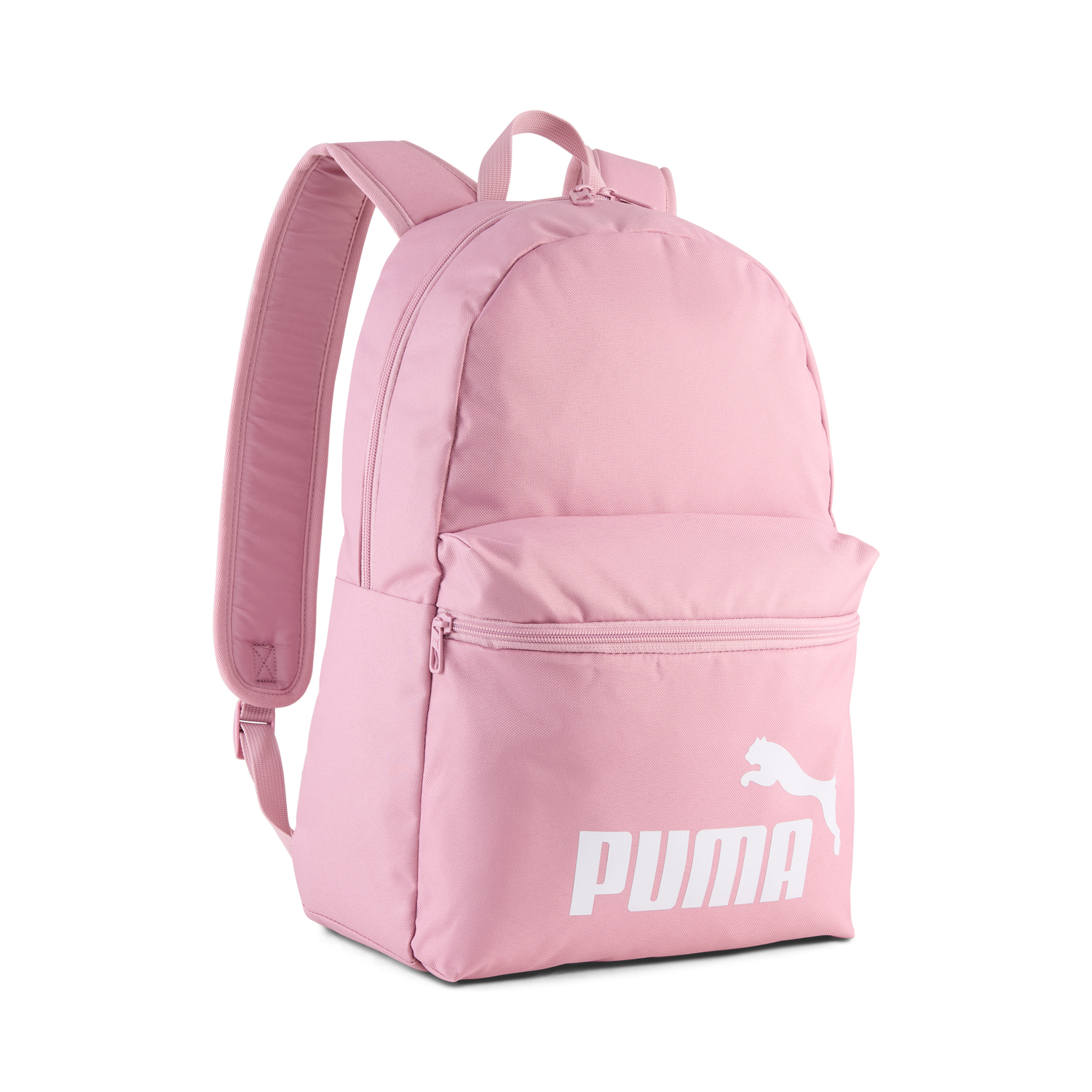Rosa Rucksack mit einem großen Hauptfach und einem kleinen Vorderfach. Das Logo von Puma ist in weiss auf der Vorderseite.