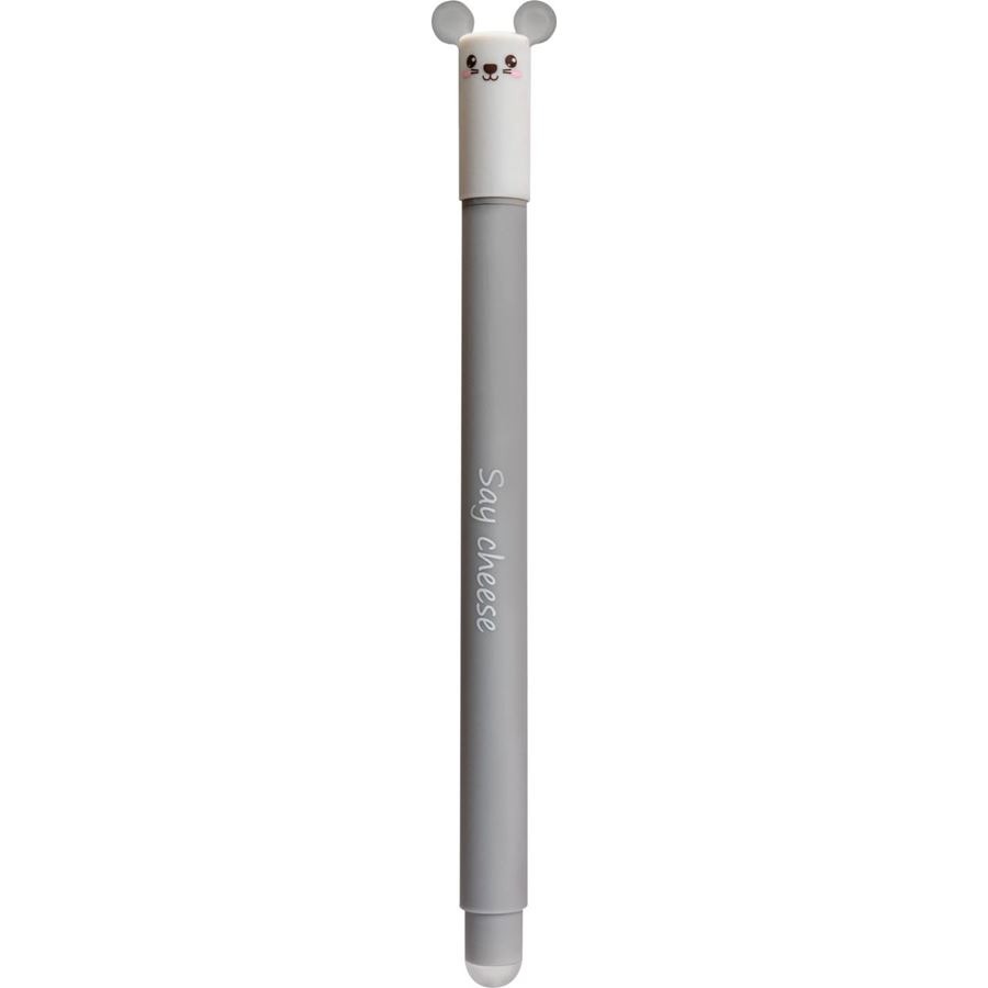 Grauer Stift mit einem Tierkopf als Deckel. Auf der Seite steht 'Say cheese'.